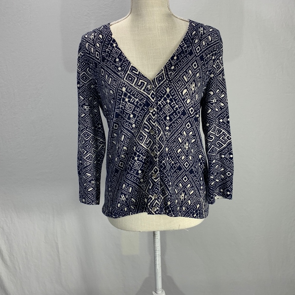 John Robshaw for Lucky Brand Cashmere Navy Blue Diamond Pattern Cardigan…